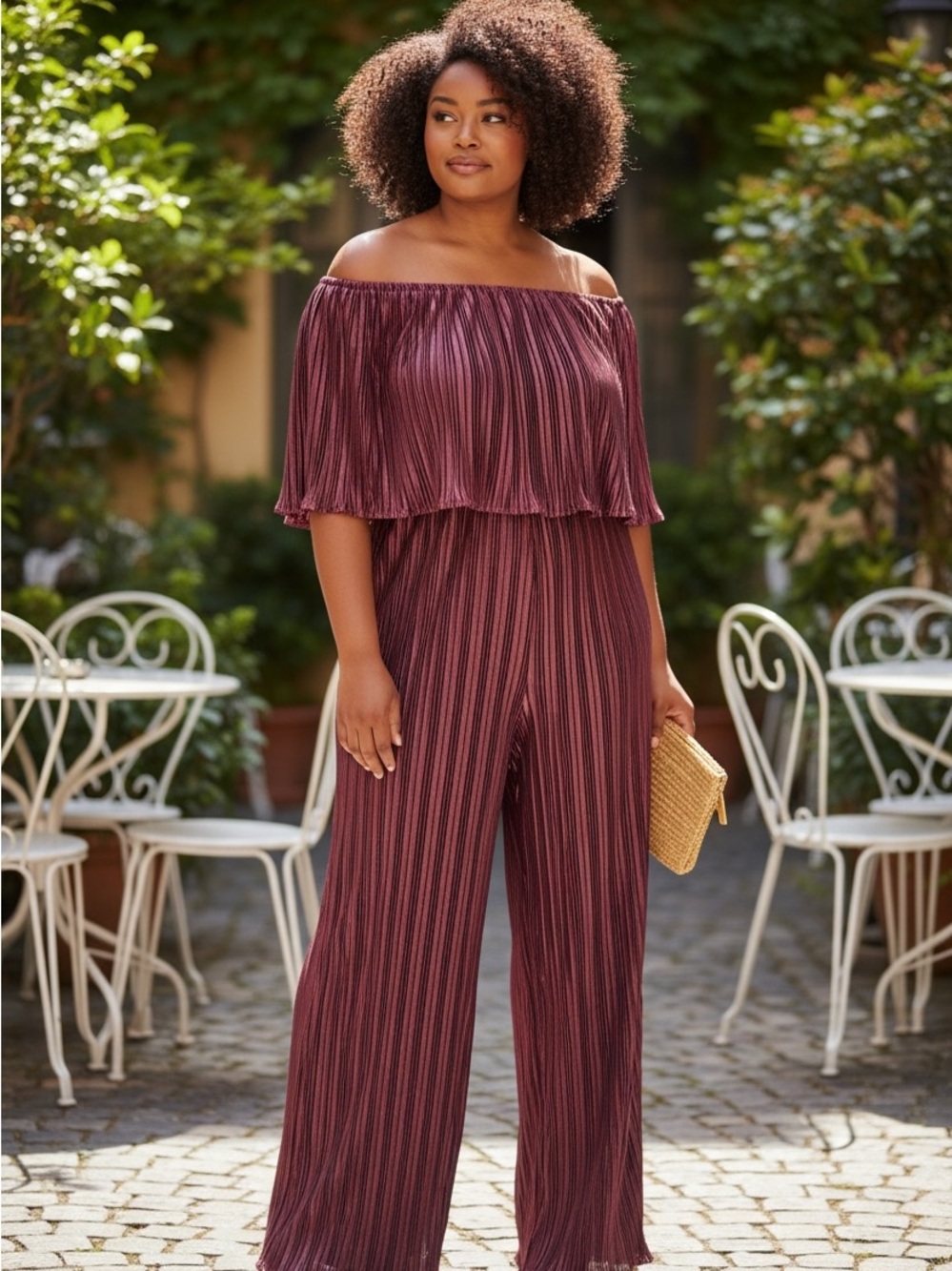 Gilli Off-Shoulder Wide-Leg Jumpsuit in Deep Plum